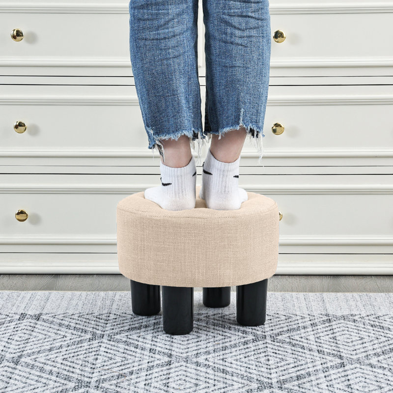 Round Footrest Ottoman Stool With Linen Upholstered, Beige