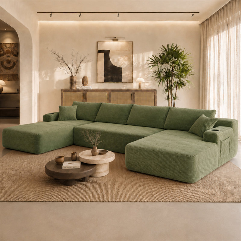 Canapé modulaire 126 po avec méridienne en forme de U, poches latérales et porte-gobelet 126 po, Green Fabric