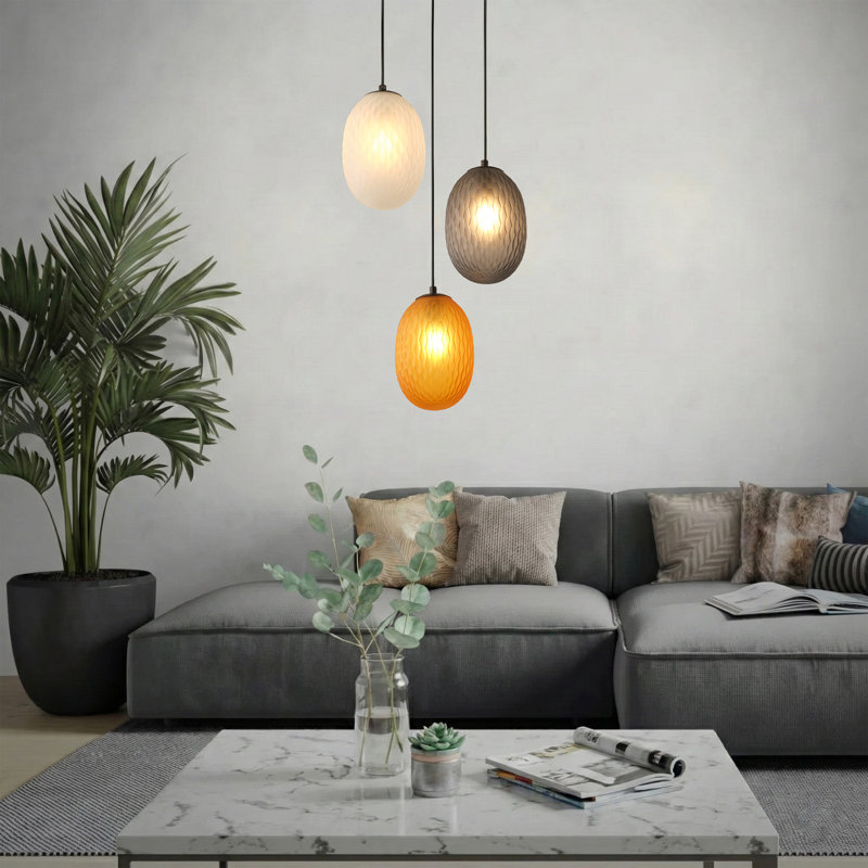 3-Light matte black glass spherical dimmable pendant lamp