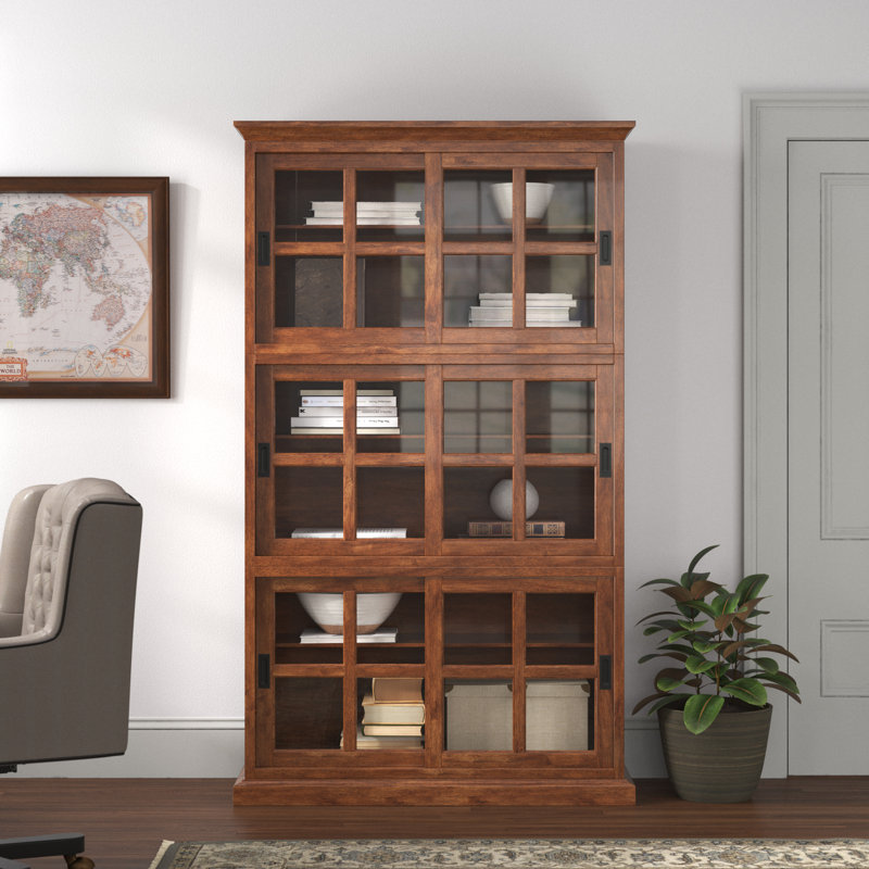 Bibliothèque empilable à 3 niveaux H 80 po x l 47 po avec portes coulissantes en verre et tablettes à hauteur réglable Ansela