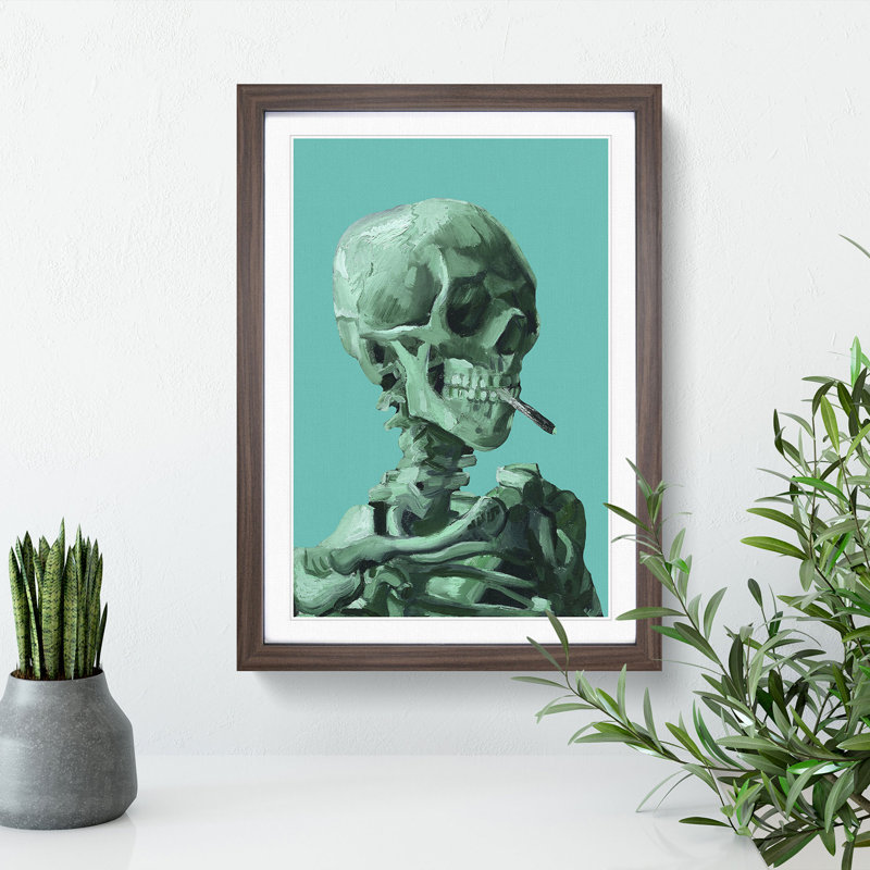 Blue Skull of a Skeleton with Cigarette by Vincent Van Gogh - Picture Frame Painting, 48cm H x 36cm W x 2cm D, Walnut