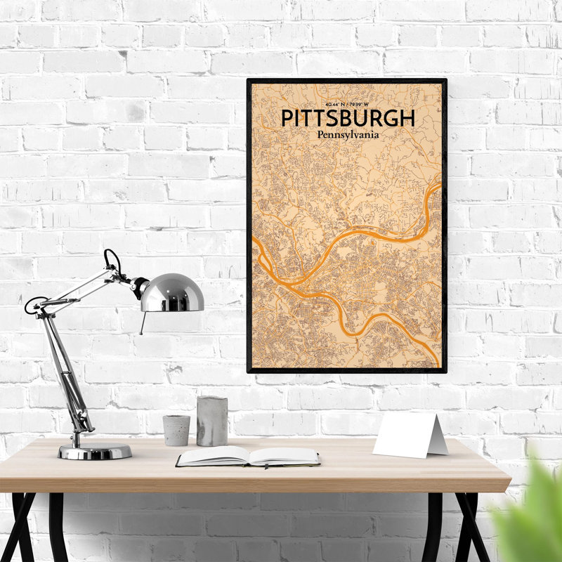 Pittsburgh City Map, impression, Orange / or pâle, H 36 po x l 24 po