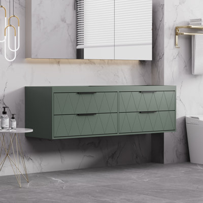 Base de meuble-lavabo double 60 po avec lavabo mural 60 po, base d'armoire flottante moderne avec 4 tiroirs à fermeture en douceur et motif géométrique à losanges, vert sauge