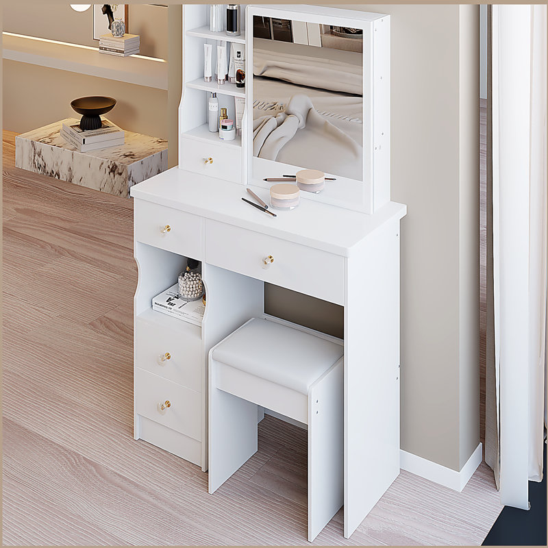 29.2" Small Size Left Drawer Desktop Vanity Table + Cushioned Stool, Extra Large Right sliding mirror, Multi Layer High Capacity Storage, Practical Fashionable Dresser, Suitable For Small Space