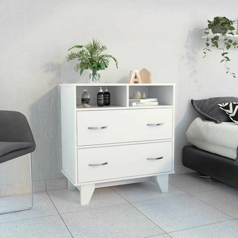Commode Aaron à 2 tiroirs et 2 tablettes, blanche