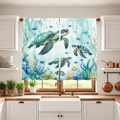 2Pcs Sea Turtle Curtains, Light Filtering Fabric, Watercolor Ocean Life Print, Sunshade and Privacy Protection, Rod Pocket Design for Living Room Bedroom Balcony Kitchen Home Decor