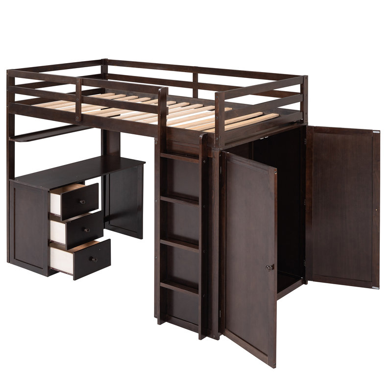 Lit mezzanine avec tiroirs, bureau et garde-robe, Espresso