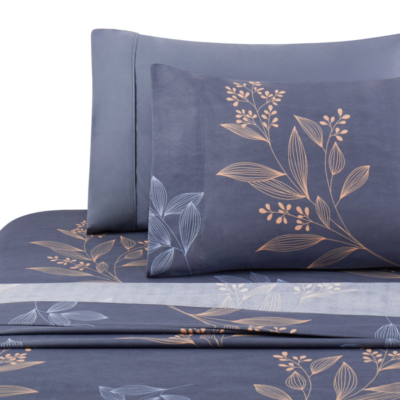 Twin Blue Floral Deep Pocket Bamboo Polyester Sheet Set