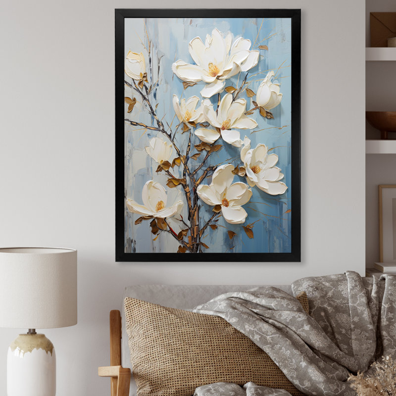Fleurs de magnolias bleues et blanches Bloom IV sur toile, Cadre simple noir, H 40 po x l 30 po x P 1,5 po