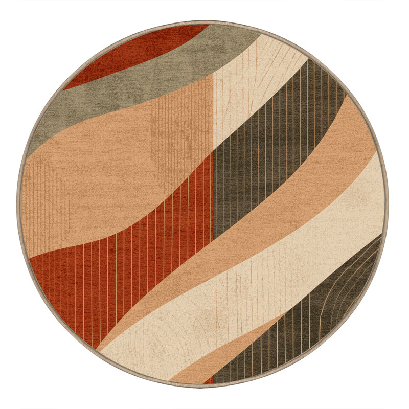Tapis bohémien abstrait lavable à la machine en brun - reliure beige, Rond 4 pi