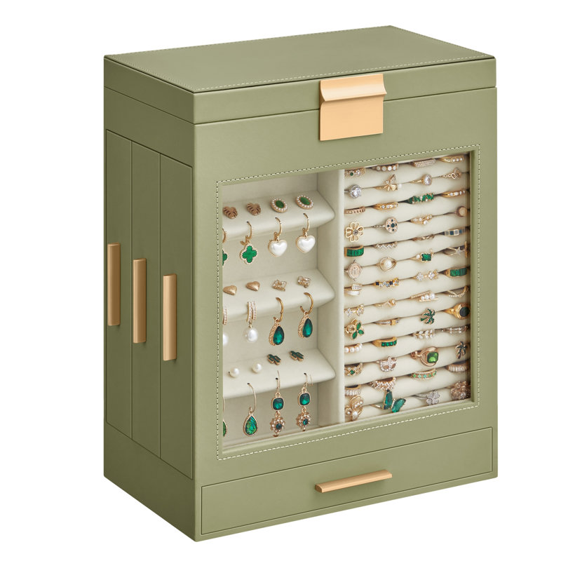 Boîte à bijoux en bois + miroir, Vert laurier