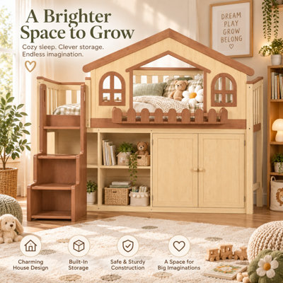 Lit mezzanine enfant en forme de maison Benedict avec escalier de rangement, armoire et étagère ouverte, cadre de lit mezzanine en bois robuste avec rangement multifonctionnel et peu encombrant pour enfants