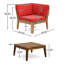 Table basse rouge - fabrication en bois, sièges à lattes populaires, coussins d'eau, bois multicolore, jolis détails, housses de coussin, finition