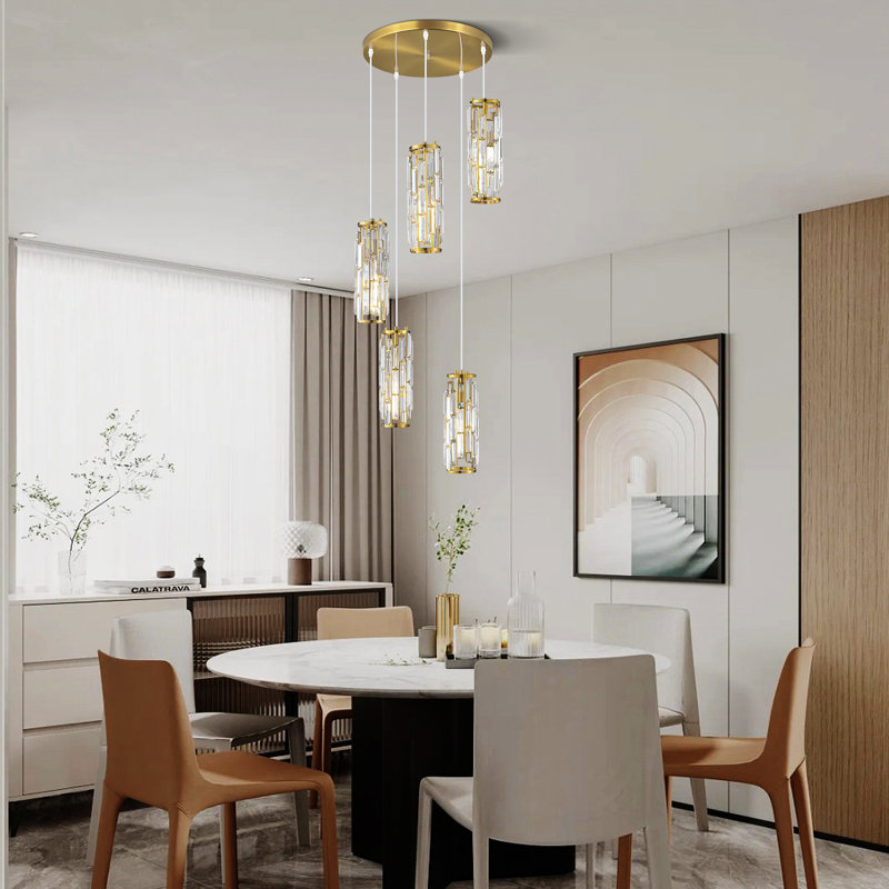 Luminaire suspendu cylindrique à 5 lumières à intensité variable avec accents de cristal, Or, 5 lumières