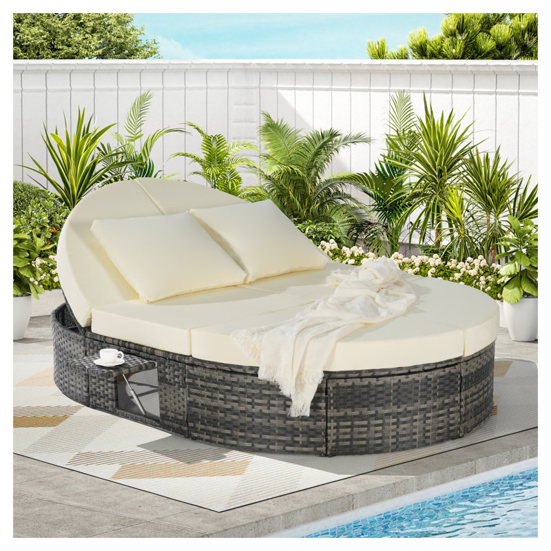 Outdoor Round Daybed with Adjustable Backrest and Canopy, Rattan and Metal Frame, Beige