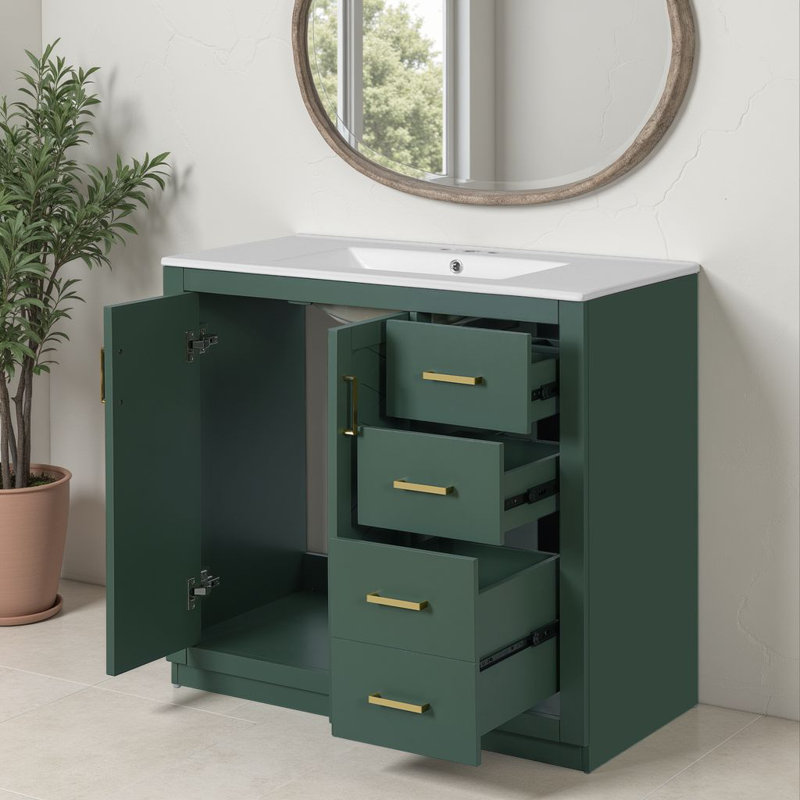 36" Free-Standing Bathroom Vanity Set With Ceramic Sink, Bathroom Srorage Cabinet With Soft Closing Doors & 3 Deep Drawers