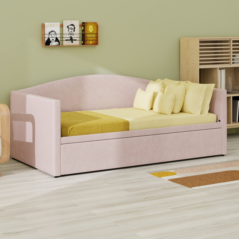 Daybed With Extended Pop Up Trundle, Upholstered Sofa Bed Daybed, Space-Saving To Design For Guest Room, Velvet, Pink