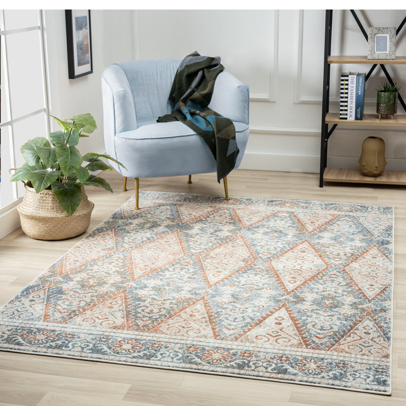 Tapis bleu à motif géométrique Lussi, Rectangle 5 pi x 7 pi