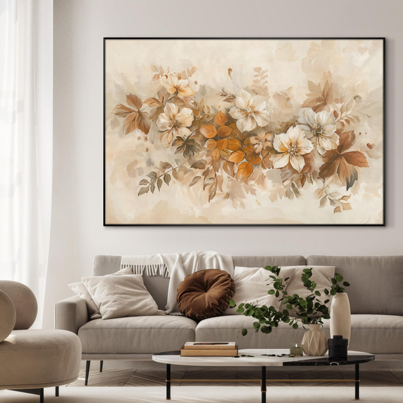 Très grand art mural imprimé sur toile - Élégantes décorations florales d'ambiance chaleureuse beige pour le salon ou la chambre à coucher - «Assemblage requis du cadre (cadre non fini)»