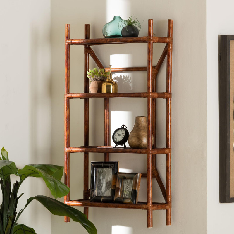 Bali & pari - Étagère murale à 4 niveaux en rotin et marbre marbré - Organisateur de rangement flottant décoratif en osier pour le salon, la chambre à coucher ou le vestibule