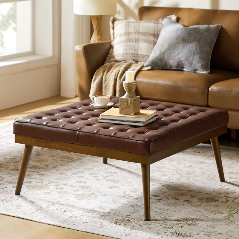 Anahli 36.25" W Genuine Leather Ottoman with Solid Wood Legs, Brown