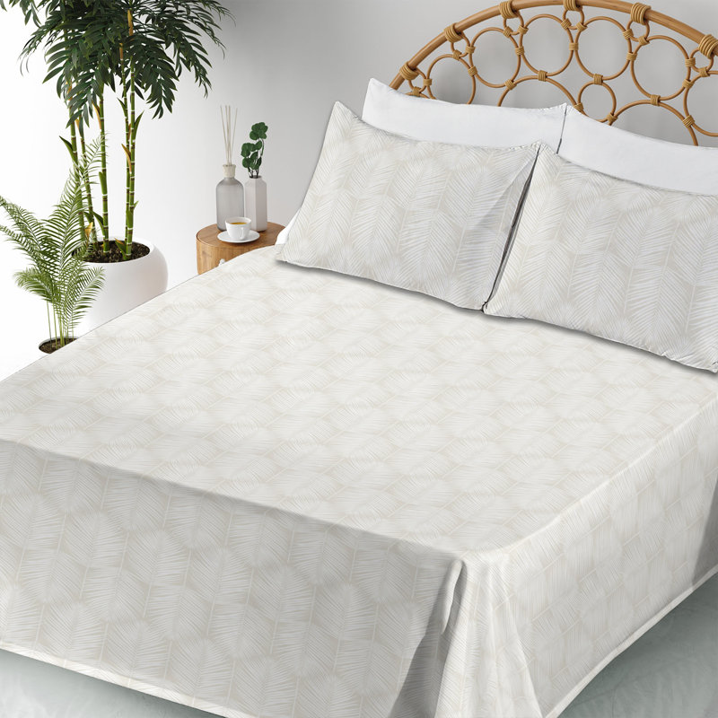Microfiber Sheet Set, Full Sheet Set with 2 Pillowcases, Light Eggshell/White Floral