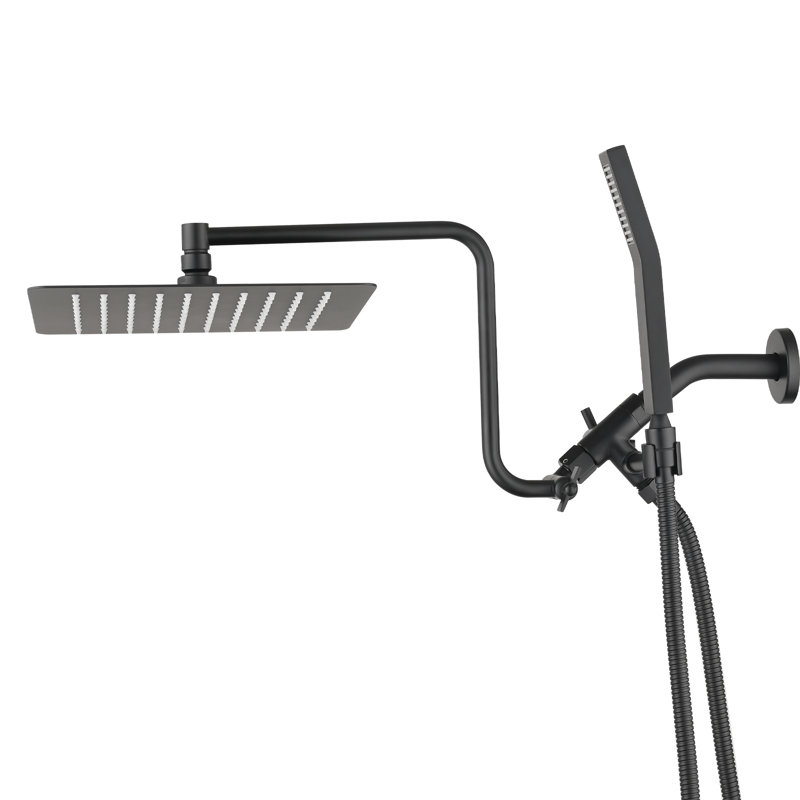 Pomme de douche à pluie 10 pouces avec douchette combinée avec bras d'extension réglable de 12 pouces, Matte Black