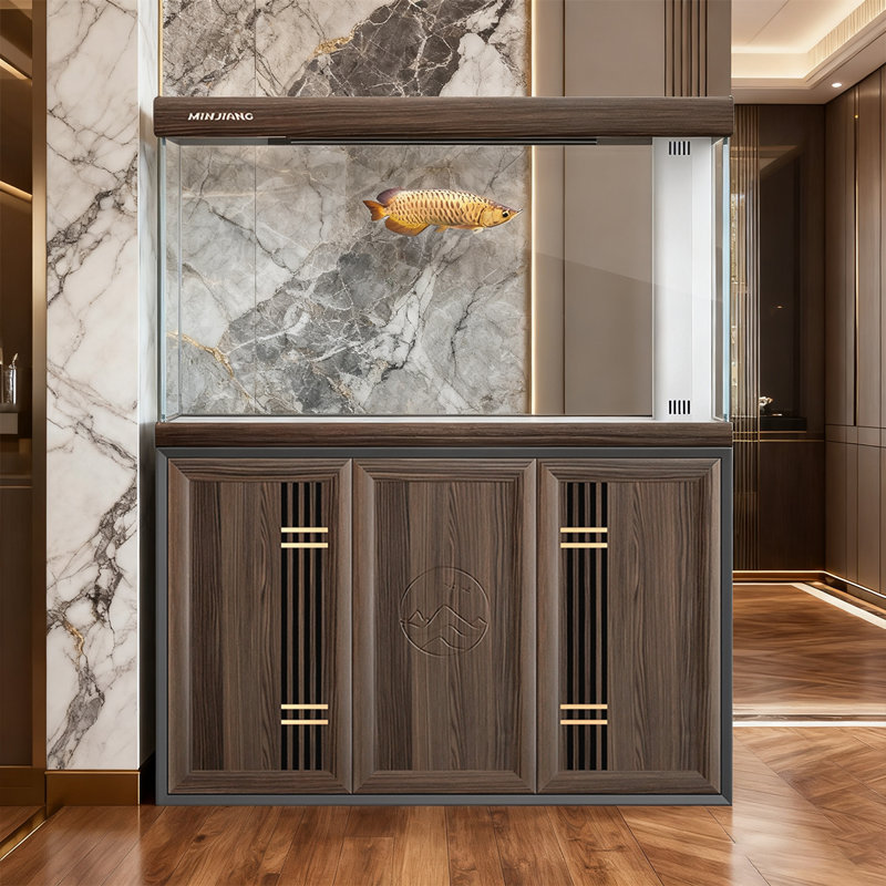 Aquarium de style néo-chinois à porte grillagée en verre ultra transparent, Brun