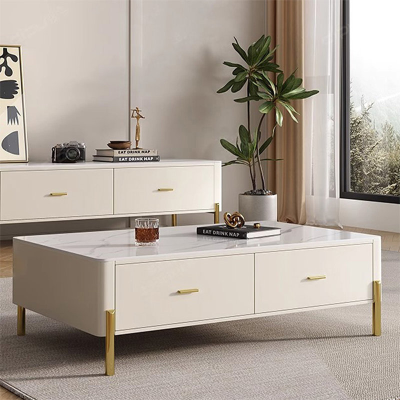 Table basse blanc massif + bois manufacturé + pierre frittée rectangulaire