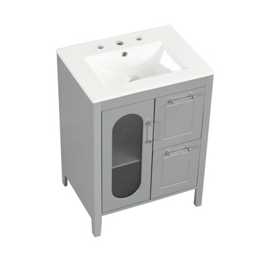 Meuble-lavabo 24 po avec lavabo, meuble-lavabo avec deux tiroirs et porte, tablette réglable, bois massif et panneau de fibres à densité moyenne