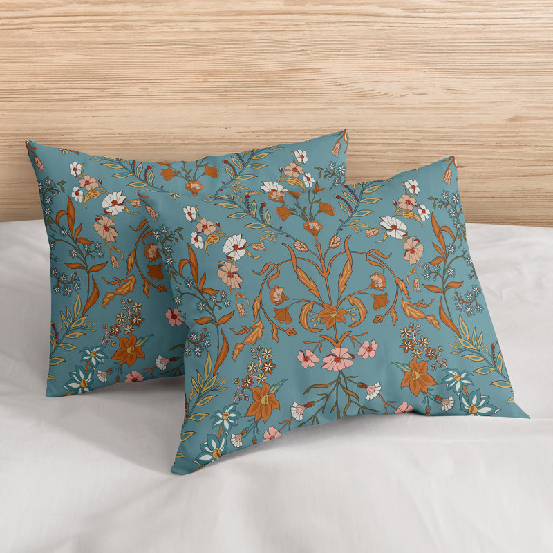 Boho Floral Wildflower Blue and Orange Brushed Microfiber 3 Piece Queen Duvet Cover Bedding Set (Set of 3)