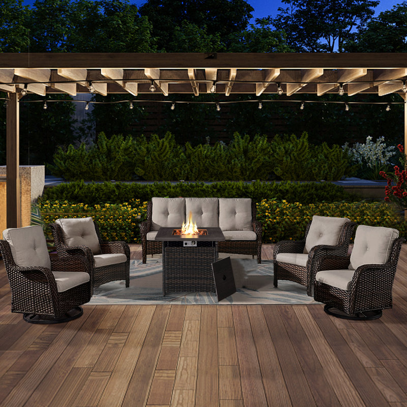 Schutt 7 - Person Outdoor Wicker/Rattan Seating Group with Fire pit and Cushions, Beige, Brown