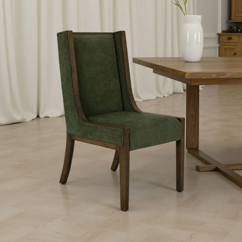 Ensemble de 2 chaises Okai, dossier à oreilles en polyester vert olive, bois brun