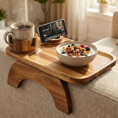 Table avec accoudoirs Couch, plateau de canapé en bois d'acacia avec téléphone pivotant à 360 ° et porte-gobelet