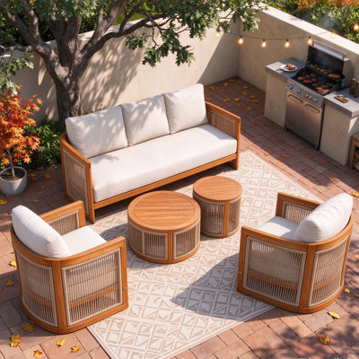 Ensemble de conversation d'extérieur 5 pièces en bois d'acacia avec coussins crème Guzal