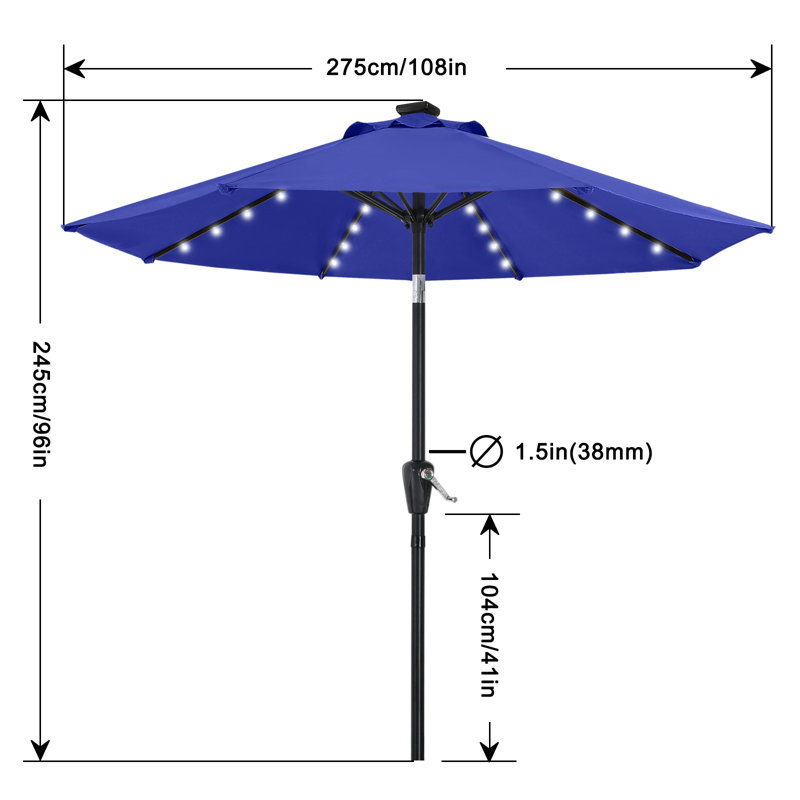 Cutshall Solar LED Market Umbrella with Tilt and Crank Lift, Blue, 9'