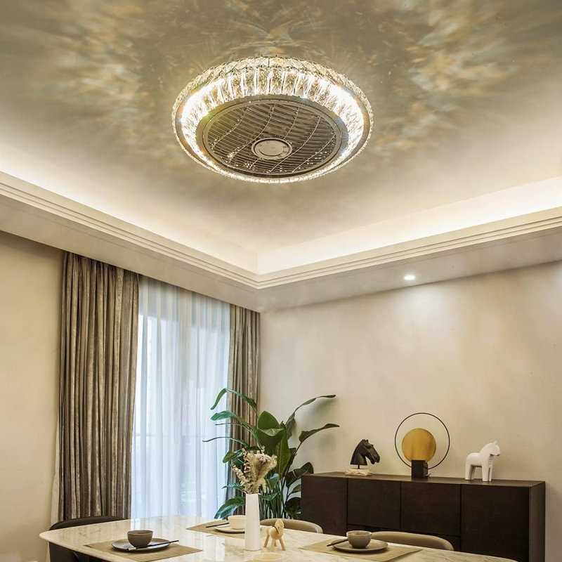 Aarie Crystal Bladeless Ceiling Fan Light,Ceiling Fan with Lights Remote Control,Low Profile Ceiling Fan, Blue