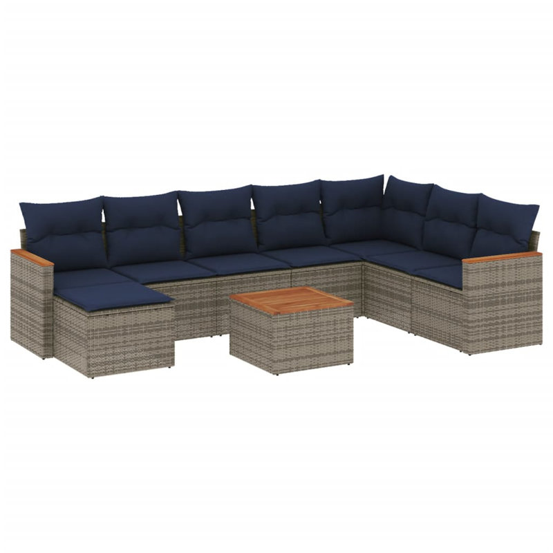Ensemble de canapé de patio 9 pièces avec coussins en rotin de polyester, Gris, Marine