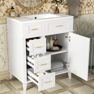 30" Bathroom Cabinet, Ceramic Sink, Adjustable Shelves, Soft Close Drawers, Construction 30-inch Cabinet With Mechanism, Shelf, Luxury Style Gold Handles, Solid Wood