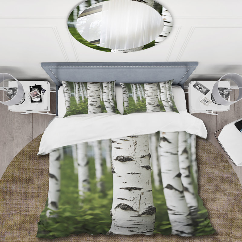 Twin White and Green Birch Tree Microfiber Duvet Cover Set