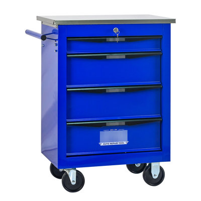 Metal 4 - Drawer Multifunctional Rolling Tool Cart With Wheels, For Repair Shop, Black & Blue, Universal Wheels Locking Mechanisms, One Side Pull, Bearing Slide Drawers And Stainless Steel Roof,