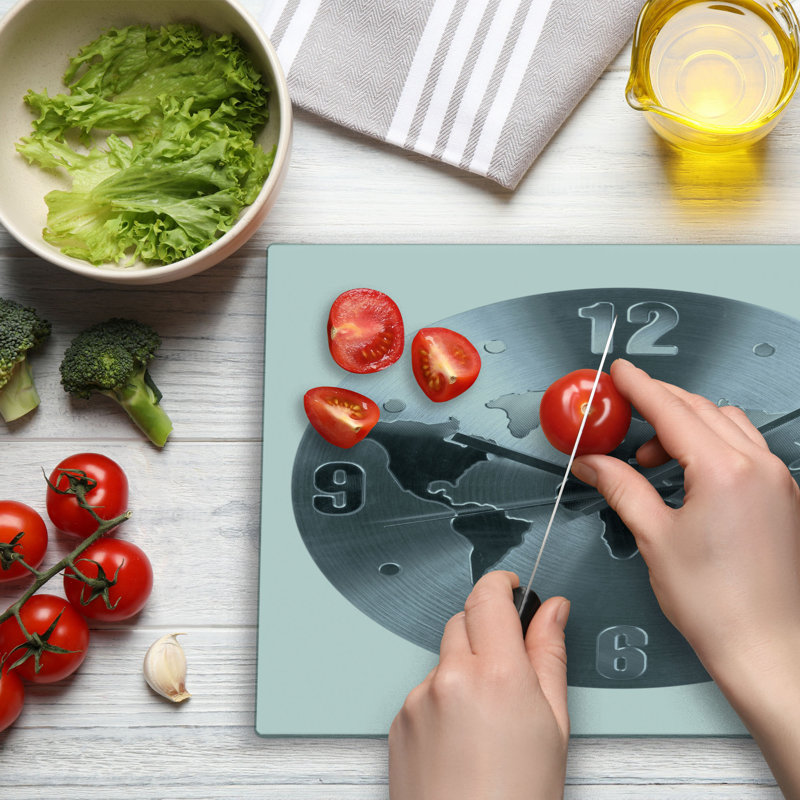 Ambesonne Grey Cutting Board Large Size World Map Clock Pattern Blue Grey
