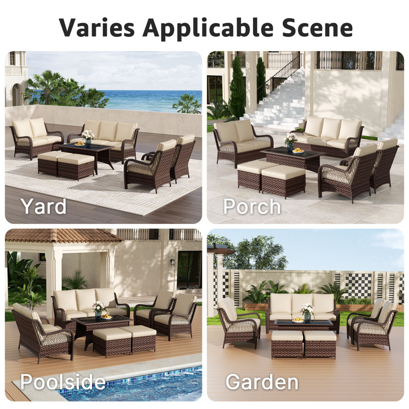 Ensemble de conversation pour patio 7 personnes avec coussins, 7 pièces: canapé, causeuse, 2 chaises, 2 repose-, Beige