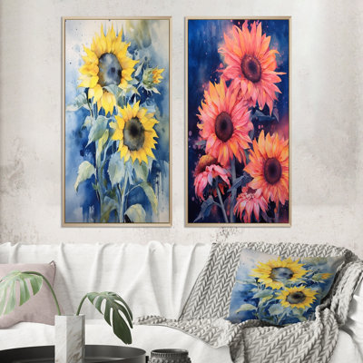 «Coral Blue Sunflower Golden», 2 pièces sur toile