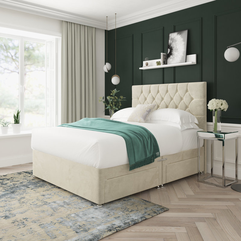 Upholstered Divan Bed, Small Double (4'), Cream, 4 Drawers