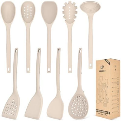 Silicone Cooking Utensils Set, 9 Pcs Heat Resistant Kitchen Utensils with Back Hooks, BPA Free Kitchen Tools with Spatulas, Spoons, Skimmer and Pasta Fork for Non Stick Cookware(KHAKI)