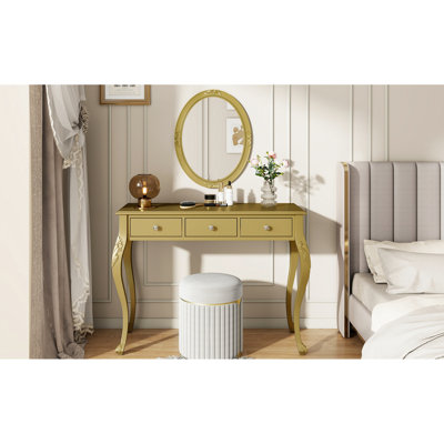 Gold Oval Mirror Makeup Vanity Desk With 3 Drawers For Jewelry, Compact And Practical Any Room, Build Luxury Dressing Table Makeup, Elegant Console Living Solid Wood Legs