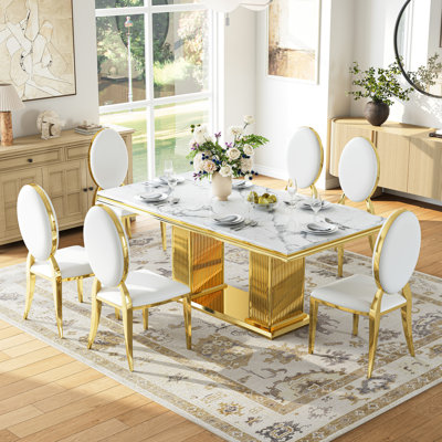 69" Rectangular Faux Marble Top Double Pedestal Dining Set