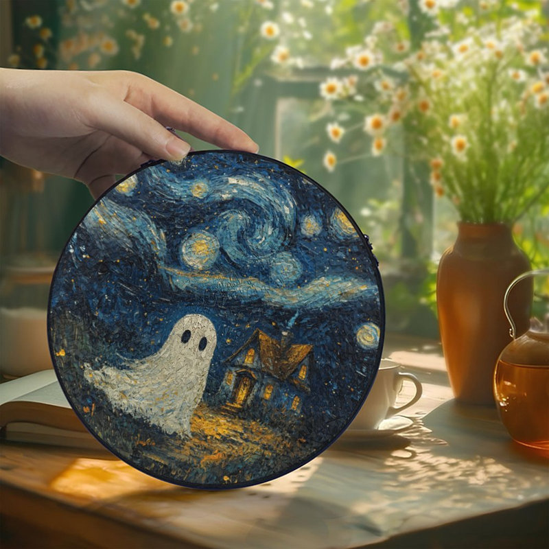 Ghost Near Starry Night House, 3.5x3.5in(9x9cm)