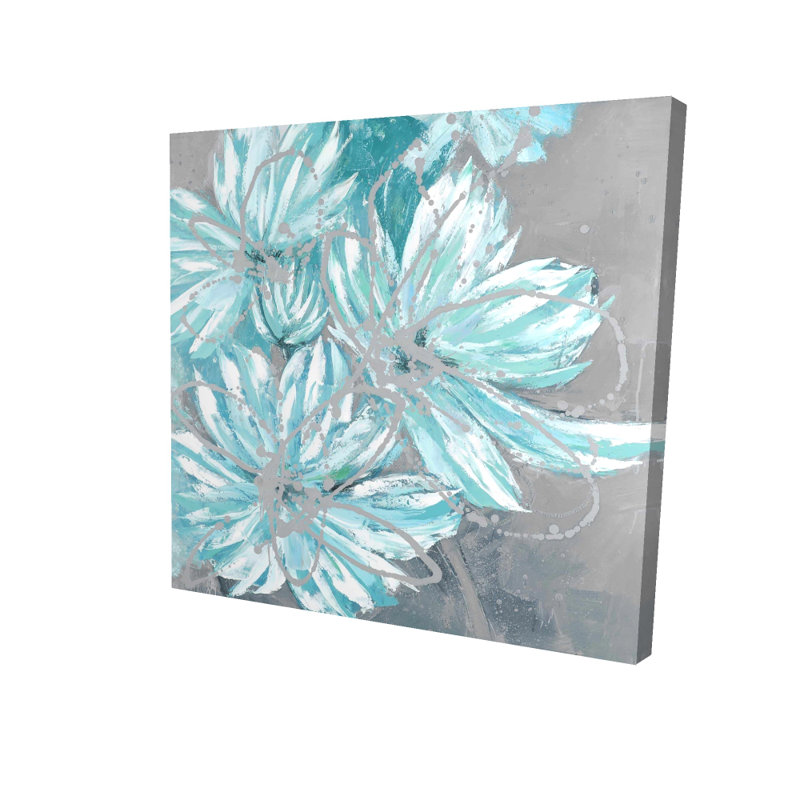 Three Little Abstract Blue Flowers - Botanical Canvas Decor